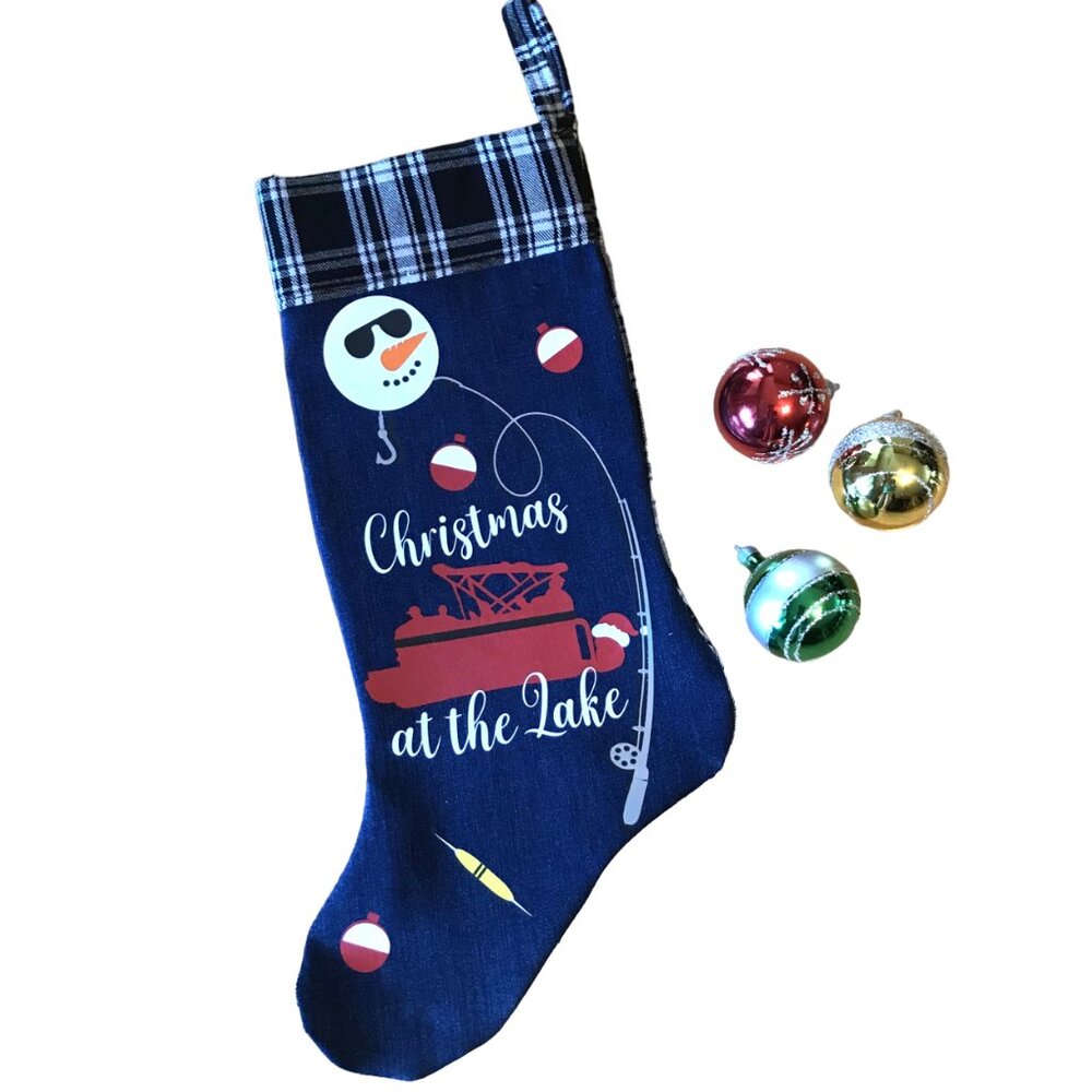 Handmade Denim Christmas Stocking Lake House Fishing Decor Pontoon Boat S - M